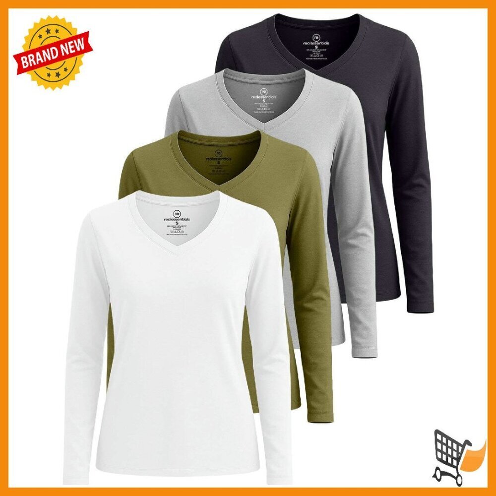 Women's V-Neck Long Sleeve Cotton T-Shirt 4-Pack Plus Size